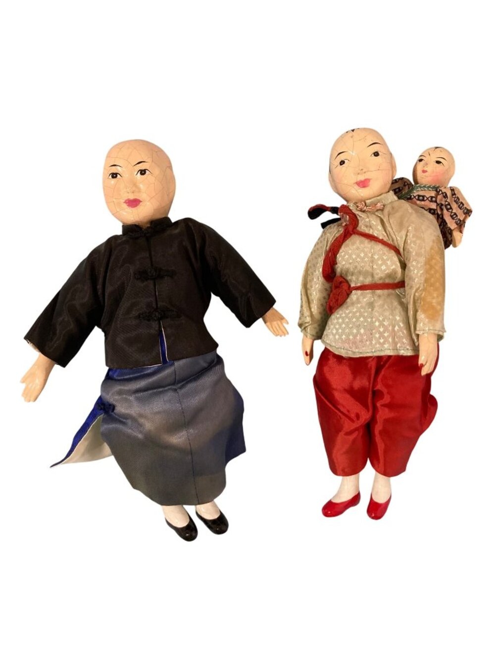 Antique Chinese Composite Dolls Man Women And Baby Set Of 2